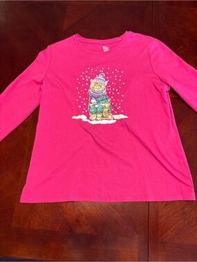 Kim Rogers Bright Pink Long-Sleeve Cat Winter Graphic Tee
